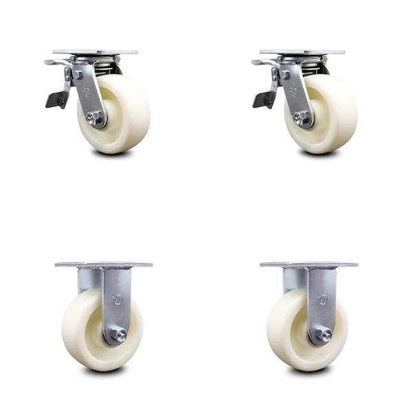 5 Inch Nylon Caster Set with Roller Bearings 2 Brakes 2 Rigid